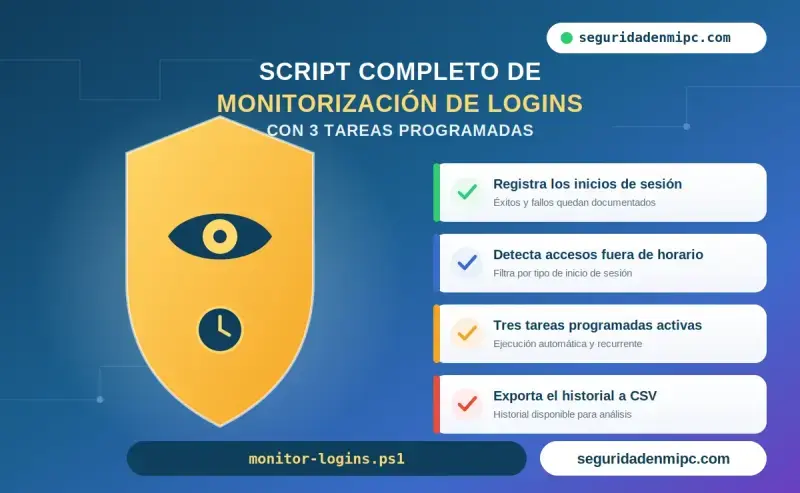 Script completo de monitorización de logins Windows con 3 tareas programadas