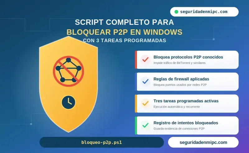 Script completo para bloquear P2P Windows con 3 tareas programadas