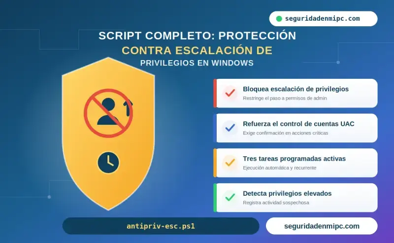 Script completo protección contra escalación de privilegios en Windows con 3 tareas programadas