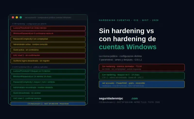Sistema sin hardening vs con hardening de cuentas Windows