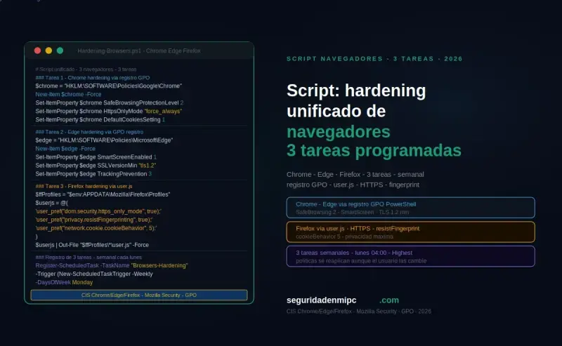 Script completo de hardening unificado de navegadores con 3 tareas programadas
