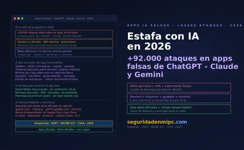 Estafa con inteligencia artificial 2026: más de 92.000 ataques ocultos en apps falsas de ChatGPT, Claude y Gemini