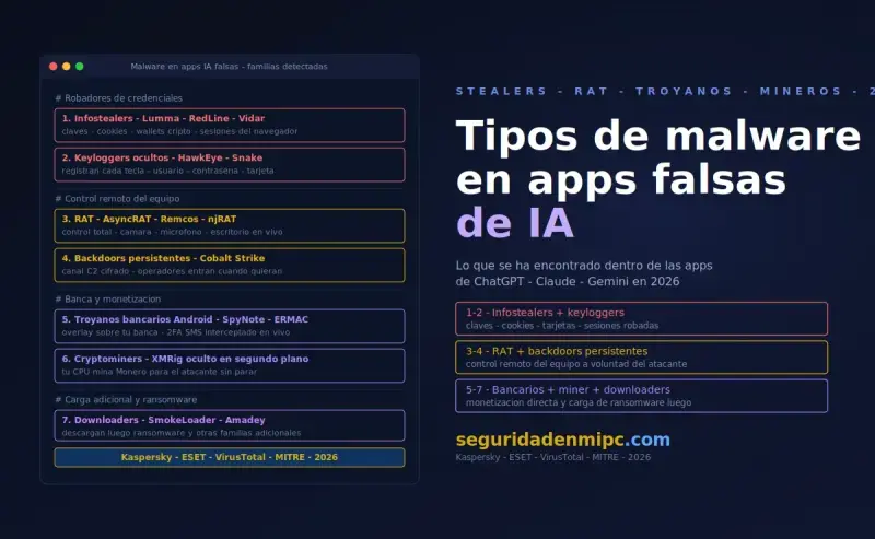 Tipos de malware detectados en las apps falsas de IA