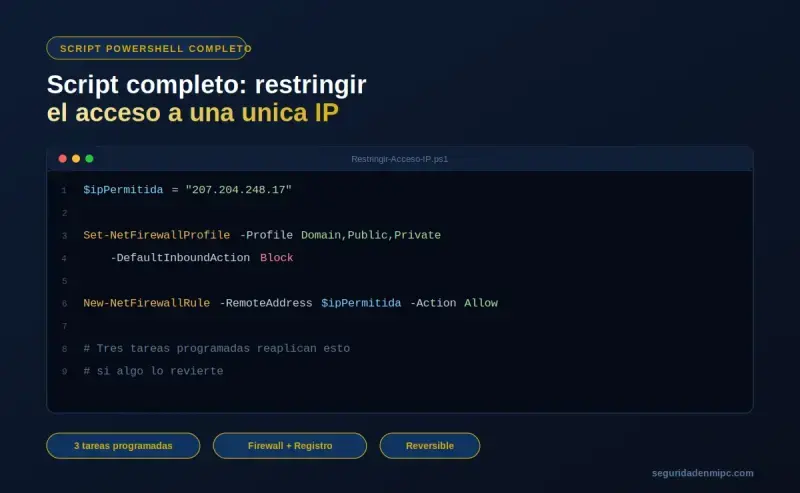 Script completo: restringir acceso entrante a un ordenador a una única IP